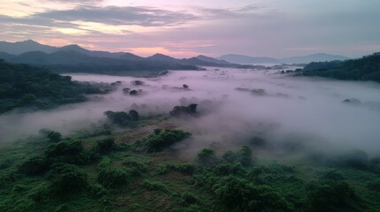 Obraz premium Aerial View of Misty Valley at Sunrise: Serene Landscape with Fog and Distant Mountains