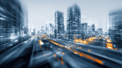 Fototapeta premium Abstract Cityscape with Motion Blur: Modern Urban Development, Futuristic Architecture, and Dynamic Infrastructure