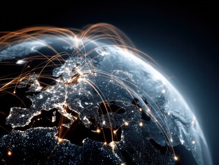Global Network Connection: Digital Communication and Worldwide Connectivity Concept with Glowing Lines Over Europe at Night