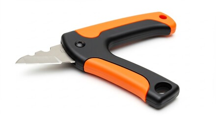 Sharp orange and black utility knife subtly angled against white background.. AI Generated