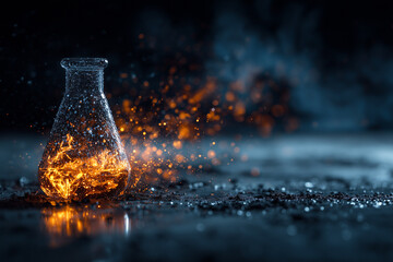 Glass flask with fire and sparks on dark background