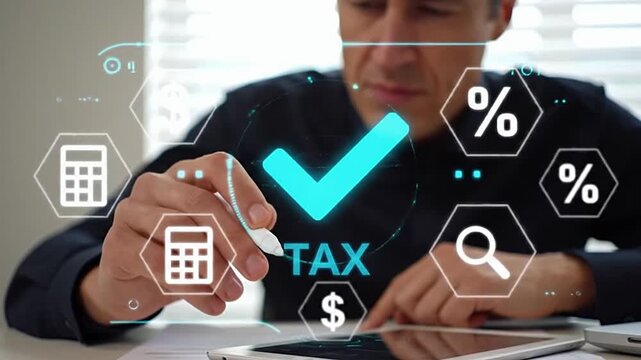 Professional businessman approving tax checklist with stylus on digital screen, managing financial documents, verifying tax filing accuracy, and ensuring compliance during electronic return season