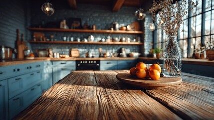 Sunlit Rustic Kitchen with Blue Cabinetry, Wood Countertop, Fresh Fruit and Decorative Vase Creating a Warm, Inviting Atmosphere