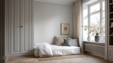 Serene Interior Featuring a Minimalist Daybed Nook Bathed in Soft Light, Accented by Decorative Elements