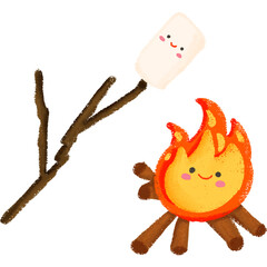 Kawaii marshmallow and campfire illustration