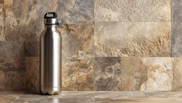 A stainless steel water bottle sits on the counter in front of an earth-colored wall lined with natural stone tiles