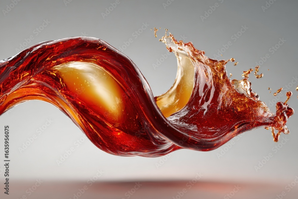 Poster dynamic splash of red beverage: abstract liquid flowing in air, creating a viscous wave