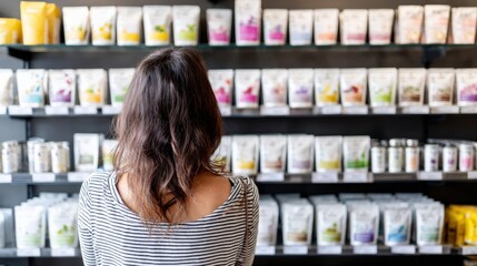 Woman Browsing Skincare Products on Store Shelf: Retail Therapy and Cosmetic Choice