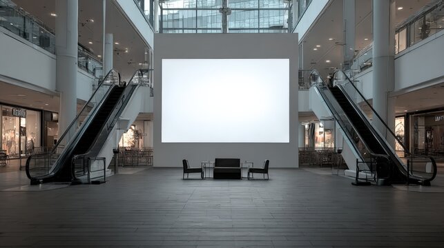 Modern Shopping Mall Interior with Blank Advertisement Screen and Escalators Offering Commercial Space