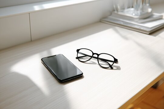 Smartphone and reading glasses on clean white desk in minimalist home office, bright natural light, remote work, productivity, modern workspace