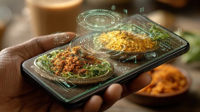 Culinary Tech: Hand Holding Smartphone Displaying Augmented Reality Food Dishes for Menu Selection and Recipe Information
