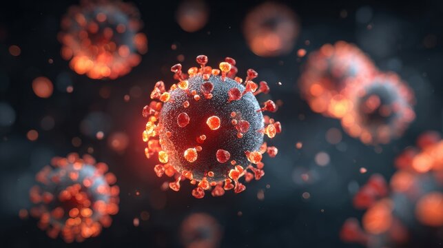 3D medical illustration of chikungunya virus particles with surface spikes