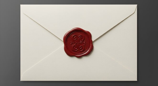 Cream paper envelope with red wax seal presents textured surface; suits mockups, invitations, and stationery designs.