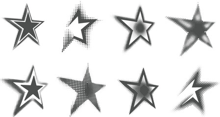 Eight monochrome halftone star vectors present different textured and shaded star shapes on a white background