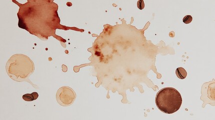 Coffee Stains and Splatters on White Background with Coffee Beans scattered for an Artistic Vibe