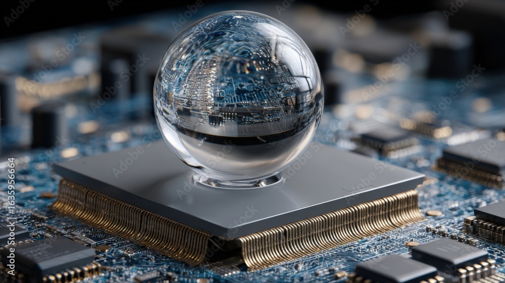 Aufkleber crystal ball on microchip: reflecting future technology and innovation in semiconductors and compute