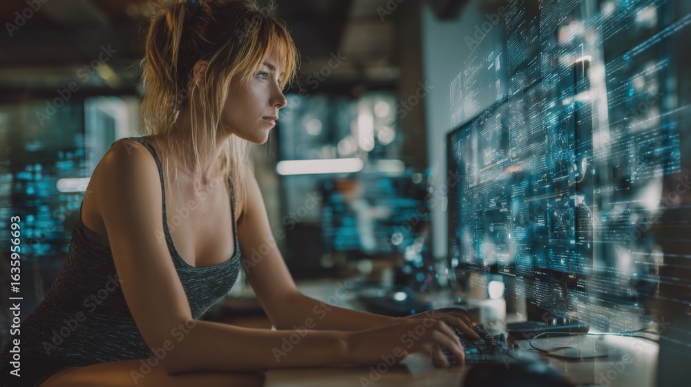 Poster young woman analyzing complex data streams on multiple computer screens in a modern office