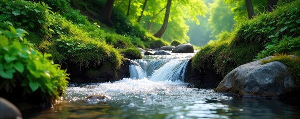 Crystal clear water cascading down a lush green hill, sunlight illuminating the flowing stream Perfect for nature, environment, and travel themes , pure, flowing water, outdoors