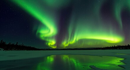 Ethereal Green Aurora Dances, Casting Reflections on a Frozen Lake