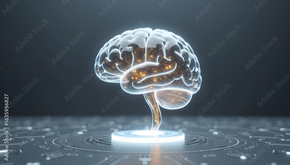 Aufkleber a futuristic glowing brain with circuitry representing ai and technology in a dark setting.