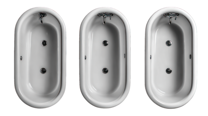 Three white, oval bathtubs are aligned and shown from directly above
