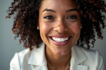Elegant Aerial Photo of a Confidently Smiling Model in a Stylish Outfit, Highlighting Her Clear Aligner Dental Night Guard