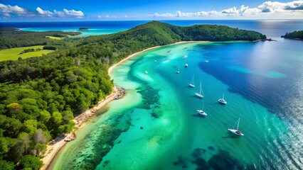 Aerial view of a tropical island coastline with turquoise water, lush green vegetation, and sailboats dotting the bay, showcasing a serene paradise destination