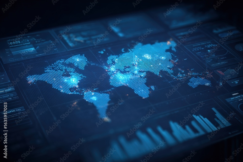 Poster global network data visualization: futuristic interface displaying worldwide connectivity and digita