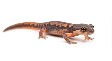 Naklejka premium Small salamander crawls gracefully on white background soft light illuminates intricate patterns. AI Generated