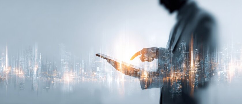 Businessman using tablet with city skyline double exposure, depicting modern digital technology and connection