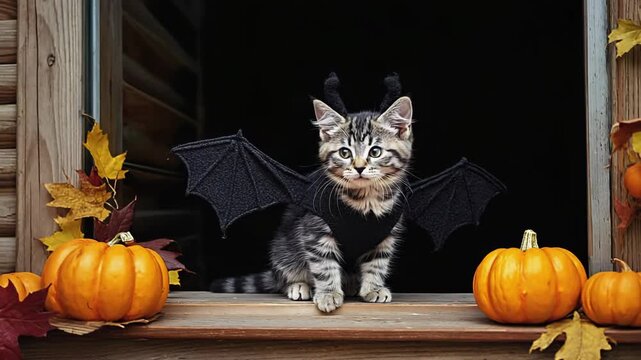 Kitten in bat costume for Halloween
