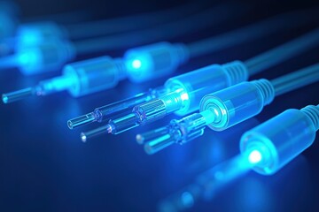 Fiber optic cables glowing in cool blue light
