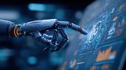 Robotic Arm Interacting with Advanced Interface Displaying Data Visualizations and Futuristic Technology