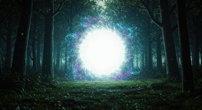 Ethereal Portal Swirls with Cyan and Magenta Light in a Mysterious Forest Clearing. - Powered by Adobe