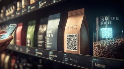 Naklejka na ściany i meble Modern Retail: Customer Scanning QR Code on Coffee Packaging for Product Information in Grocery Store