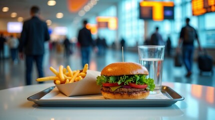 Juicy burger, crispy fries, and a glass of water on a tray in a busy airport terminal setting. Concept of travel, food, and airport-themed content