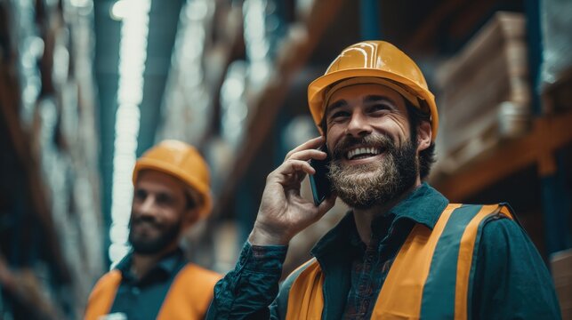 Happy Warehouse Worker on Phone Wearing Hard Hat and Vest with Colleague in Background