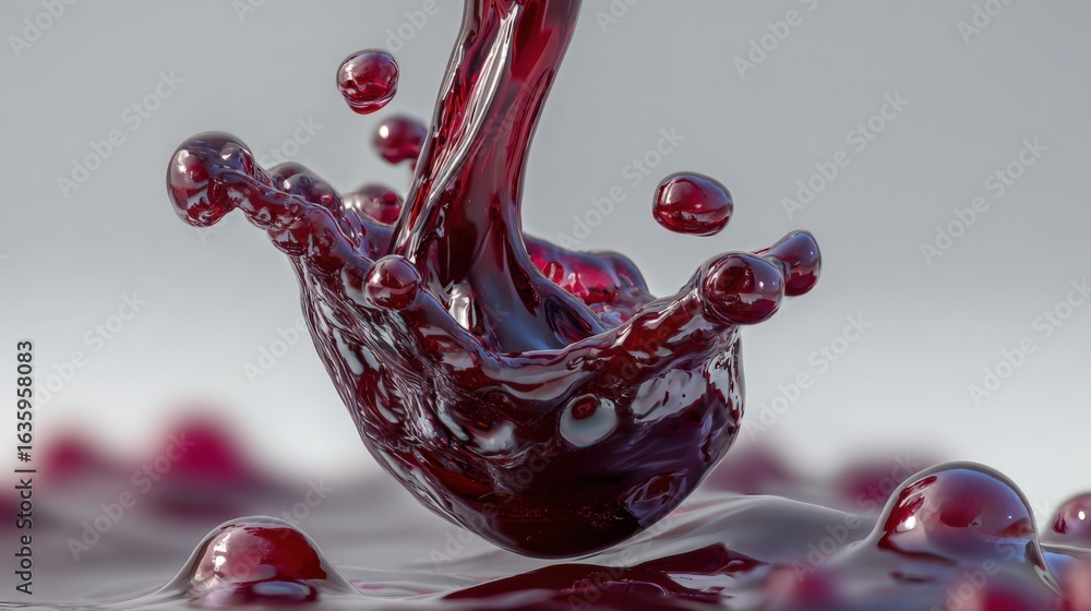 Poster rich red liquid pouring and splashing with precision, capturing a moment of intense color