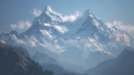 Two snow-capped mountain peaks rise majestically above a forested landscape, hazy background