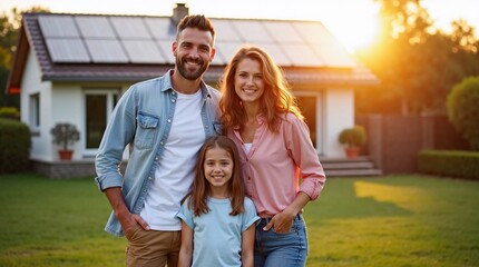 Happy family a mother, father, and daughter - standing in front of a residential home with solar panels on the roof. Ideal for renewable energy, sustainable living, and family-oriented themes