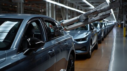 Obraz premium Modern car assembly line with robotic arm working on vehicles