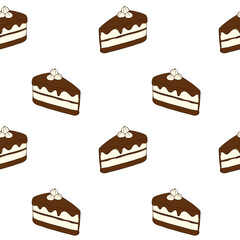 Pattern with Chocolate cake pieces, cake with cream and decorated with whipped cream. Contour drawing, on white background.