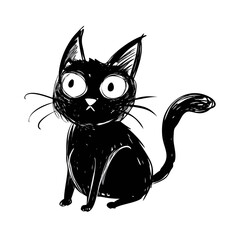Black vector illustration of a curious wide-eyed cat, symbolizing alertness, curiosity, and pet care, isolated on a transparent background, Sketch style