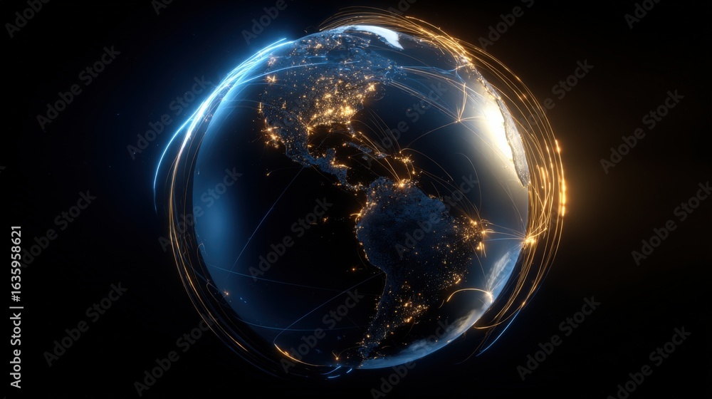 Aufkleber global connectivity visualization: earth with illuminated networks representing data transfer and co