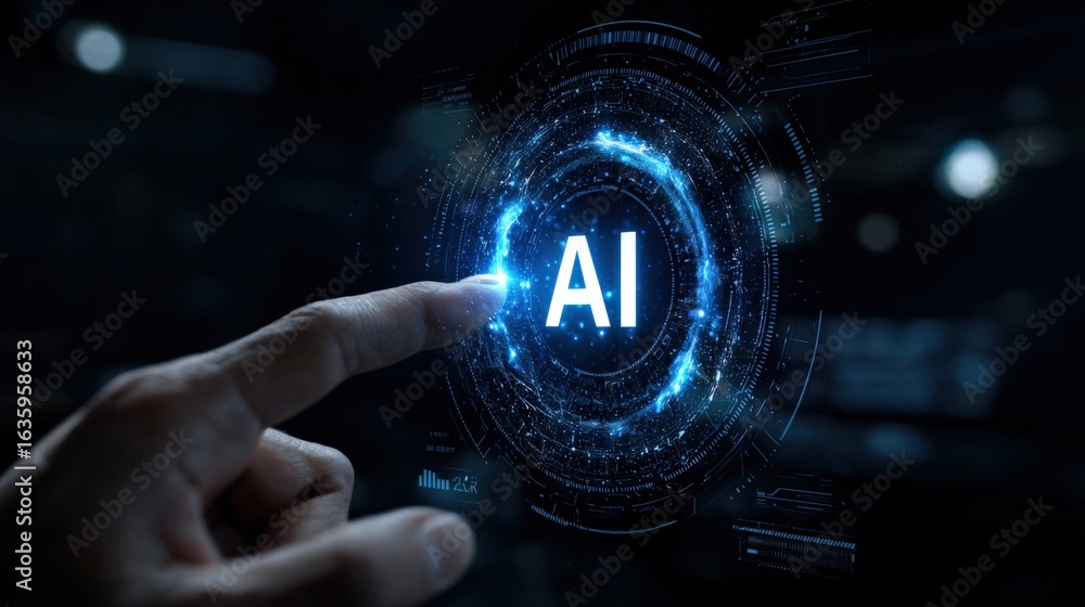 Poster artificial intelligence activation: finger touching glowing ai interface, futuristic technology and 