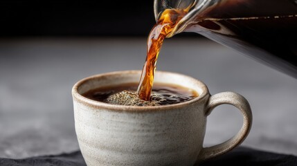 Pouring Fresh Brewed Coffee into a Ceramic Mug for Morning Refreshment and Energy Boost