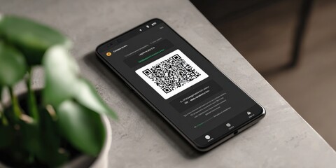 Smartphone displaying a scannable QR code on screen, concept for digital solutions and modern technology