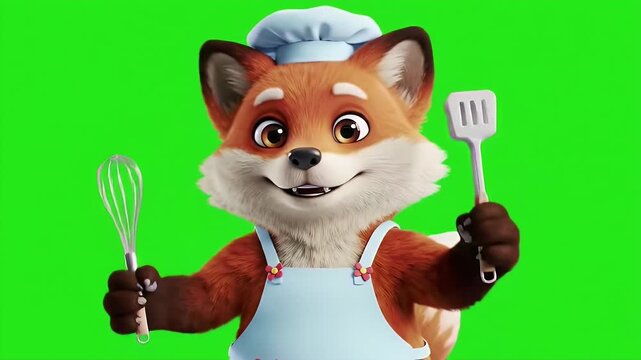 Cheerful Fox Chef Mascot Character Holding Kitchen Utensils Isolated by Green Screen Animation with a Cooking Hat and Apron Ready to Cook in Cartoon Style for Culinary Projects and Children Content