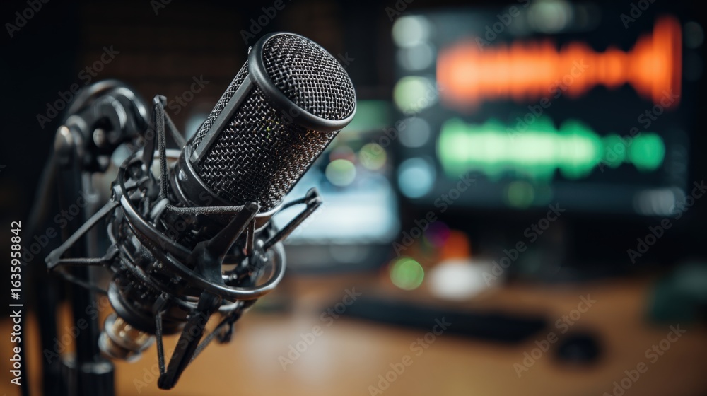 Poster professional studio microphone recording podcast with audio editing software displayed in the backgr