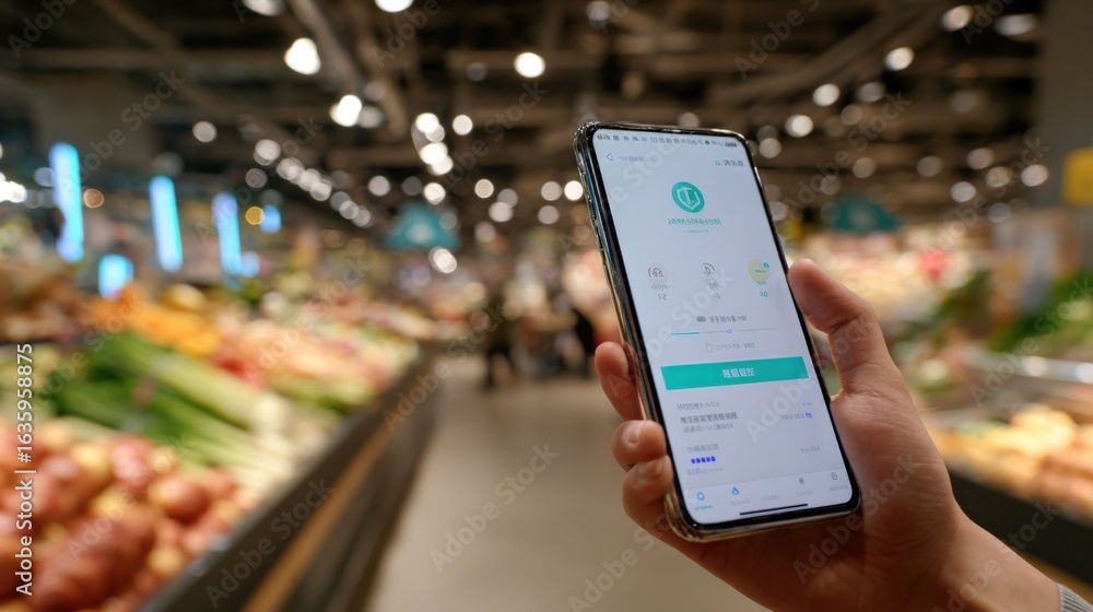 Poster using shopping application on mobile phone in supermarket for grocery list and contactless payment
